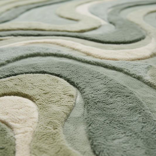 Moss green hand tufted plush cut pile rug with abstract wave patterns for living room and bedroom decor