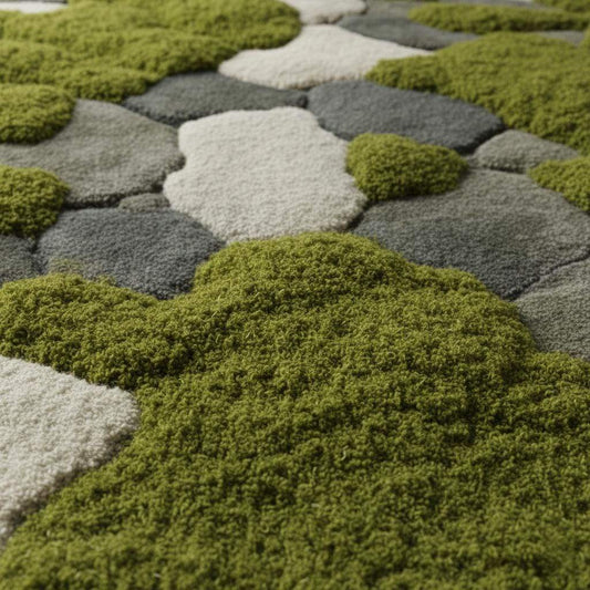 Hand-tufted moss rug with pebble design in soft green and neutral tones for eco-friendly, nature-inspired interiors
