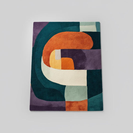 Abstract geometric rug with bold multicolor retro pattern and soft textured surface in a rectangular shape