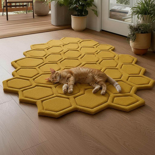Irregular honeycomb-edge rug photographed in entryway with potted plants.