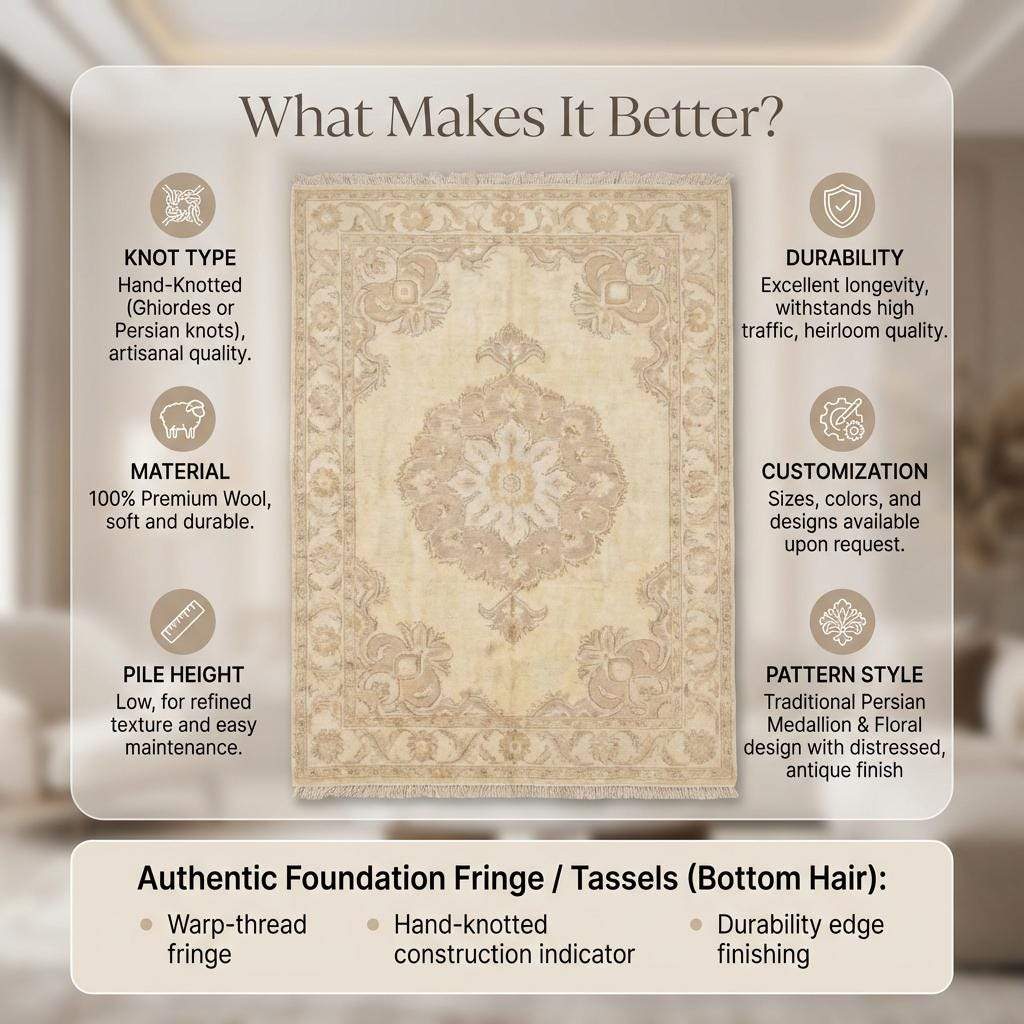 Neutral Oushak Hand Knotted Wool Rug for Living Room & Bedroom Decor