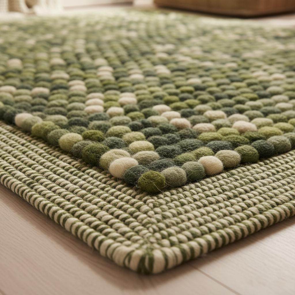Olive Green Felt Ball Rug – Chunky Wool, Boho Home Decor