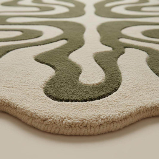 Close-up of hand tufted wool rug showing plush pile texture, carved sage green lines, and soft ivory base