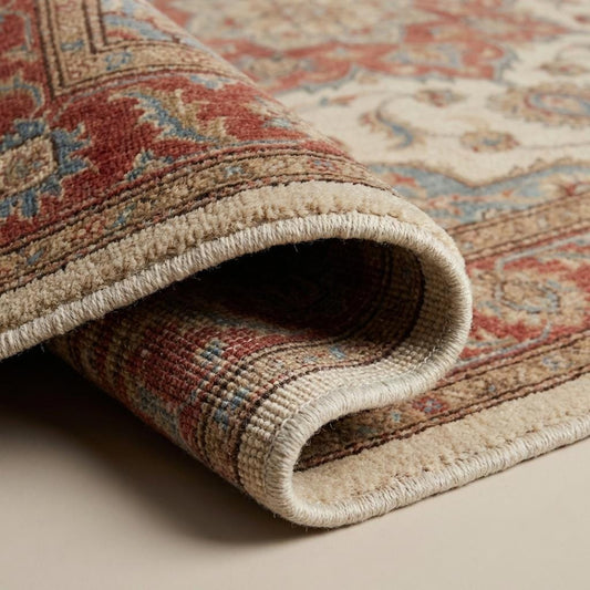 Close-up of hand knotted wool rug showing individual knot structure, dense wool fibers, low pile texture, and traditional knot-by-knot craftsmanship.
