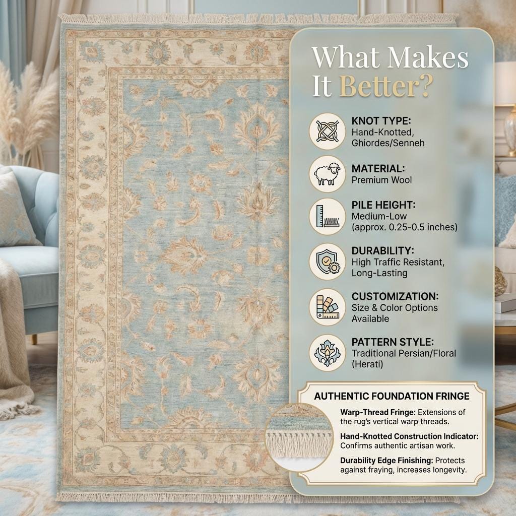 Oushak Hand Knotted Wool Area Rug in Soft Blue Floral