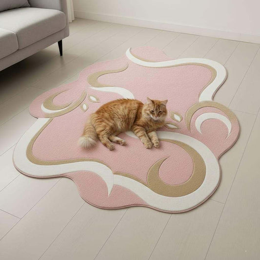 Pink abstract area rug with organic shape and soft pastel tones for indoor and outdoor use