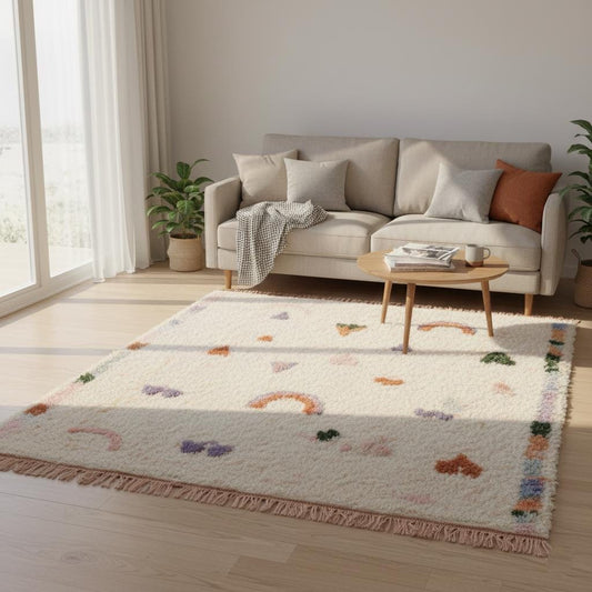 Soft high pile berber carpet in cream with multicolor abstract shapes, ideal for boho living rooms and playrooms.