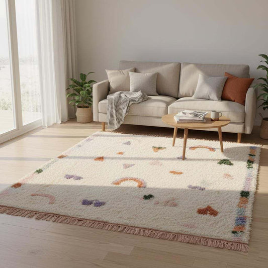 Playful Moroccan boho rug with pastel rainbow and tribal motifs, high-pile wool area rug for nursery and kids room decor