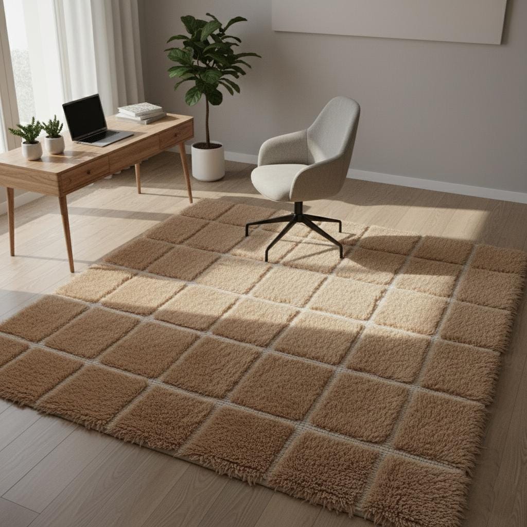 Plush Moroccan Shag Rug – Beige Cream Checkered Area Rug
