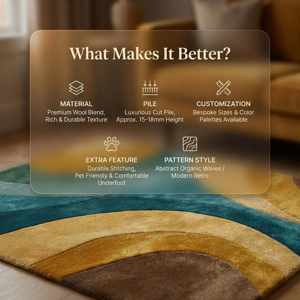 Retro abstract wave wool rug in teal, mustard, aqua, and brown with hand-tufted plush texture for modern living room and bedroom decor