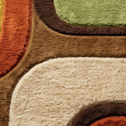 Close-up of hand tufted plush rug showing dense high-pile texture, soft fibers, curved geometric edges, and detailed craftsmanship.