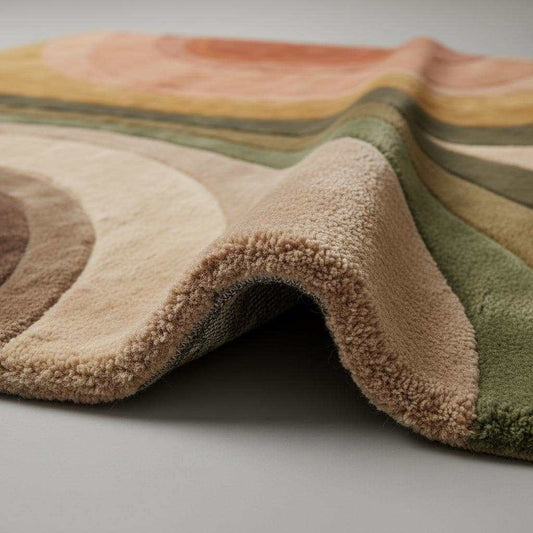 Close up of plush cut pile hand tufted rug showing dense fibers, sculpted curved lines, and smooth carved texture detail