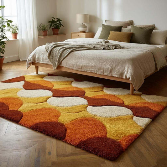 Retro shag rug with hand-tufted wool and geometric circles in warm 70s colors