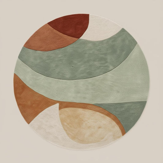 Hand-tufted wool rug with sage terracotta geometric circle design, plush and durable round area rug for modern retro decor