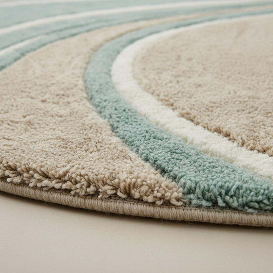 Round wavy rug in teal beige with modern mid century wave pattern and plush texture