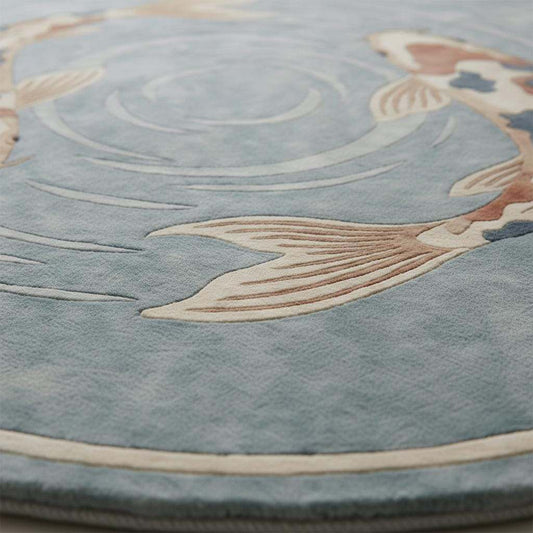 Round Koi Fish Area Rug Handmade Wool Japanese Zen Modern Home Decor