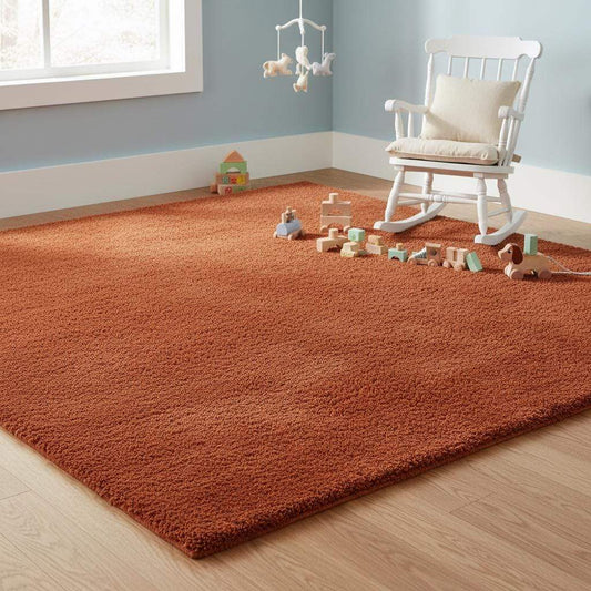 Rust shag rug in cozy living room with vintage high pile and retro orange tones