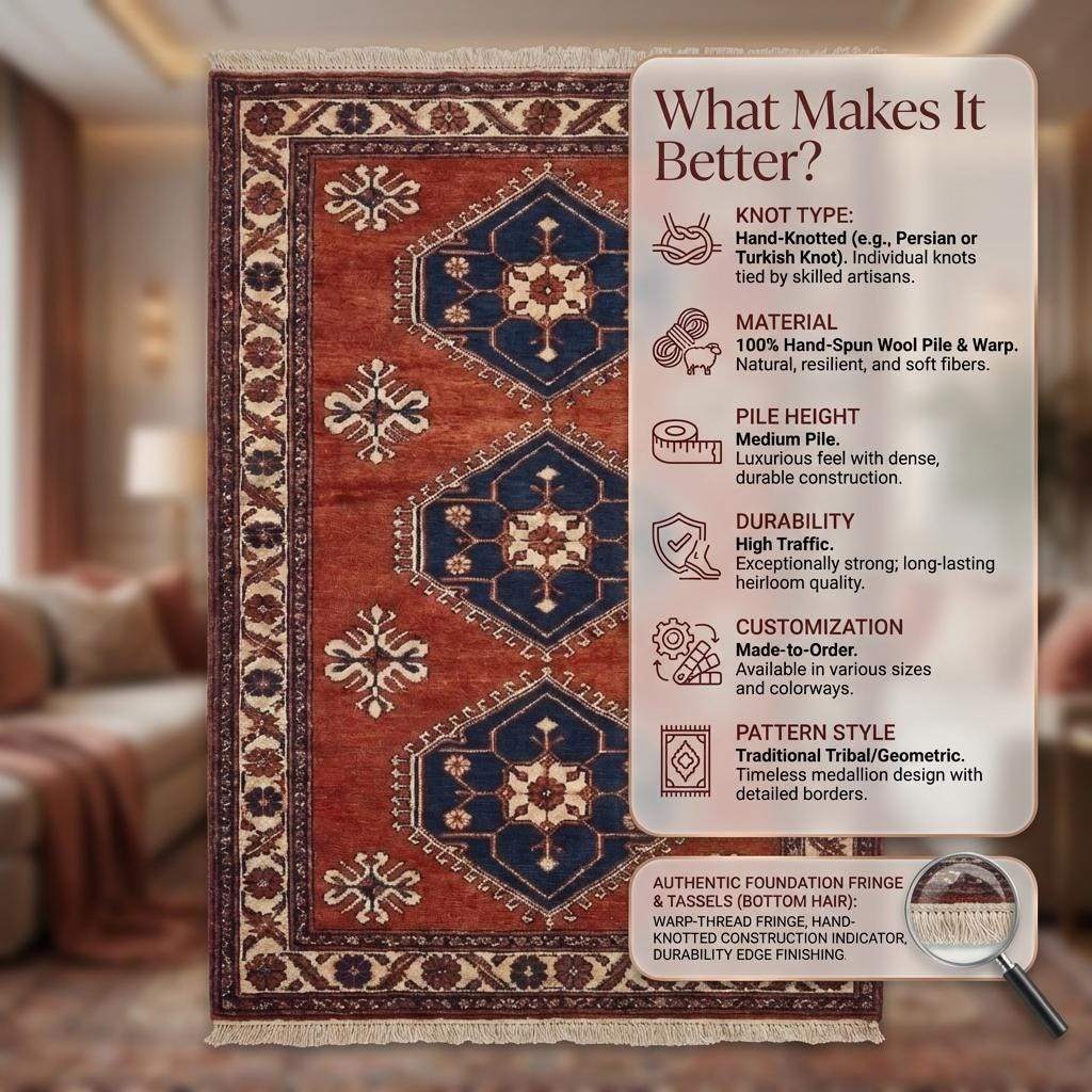 Rust red tribal hand knotted wool rug with geometric Kazak style design in living room setting