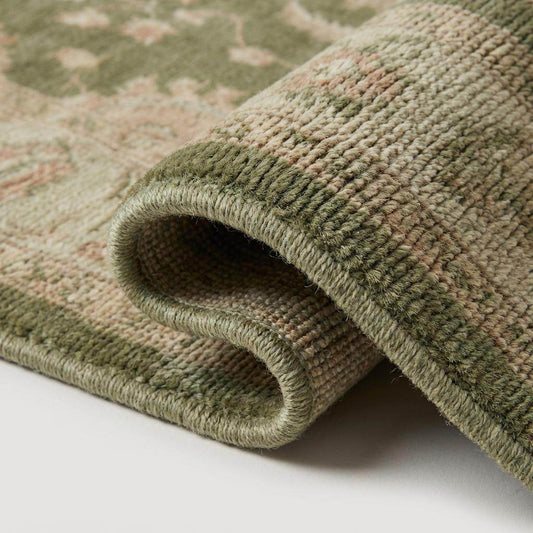 Sage Green Oushak hand-knotted wool rug with vintage floral design and antique-inspired muted tones