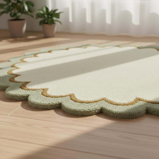 Round sage green wool rug with white border, modern minimalist design, 6x6 feet