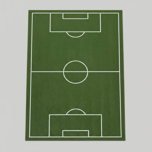 Sports-themed rug styled in modern room with sofa and cabinet, adding playful soccer decor.