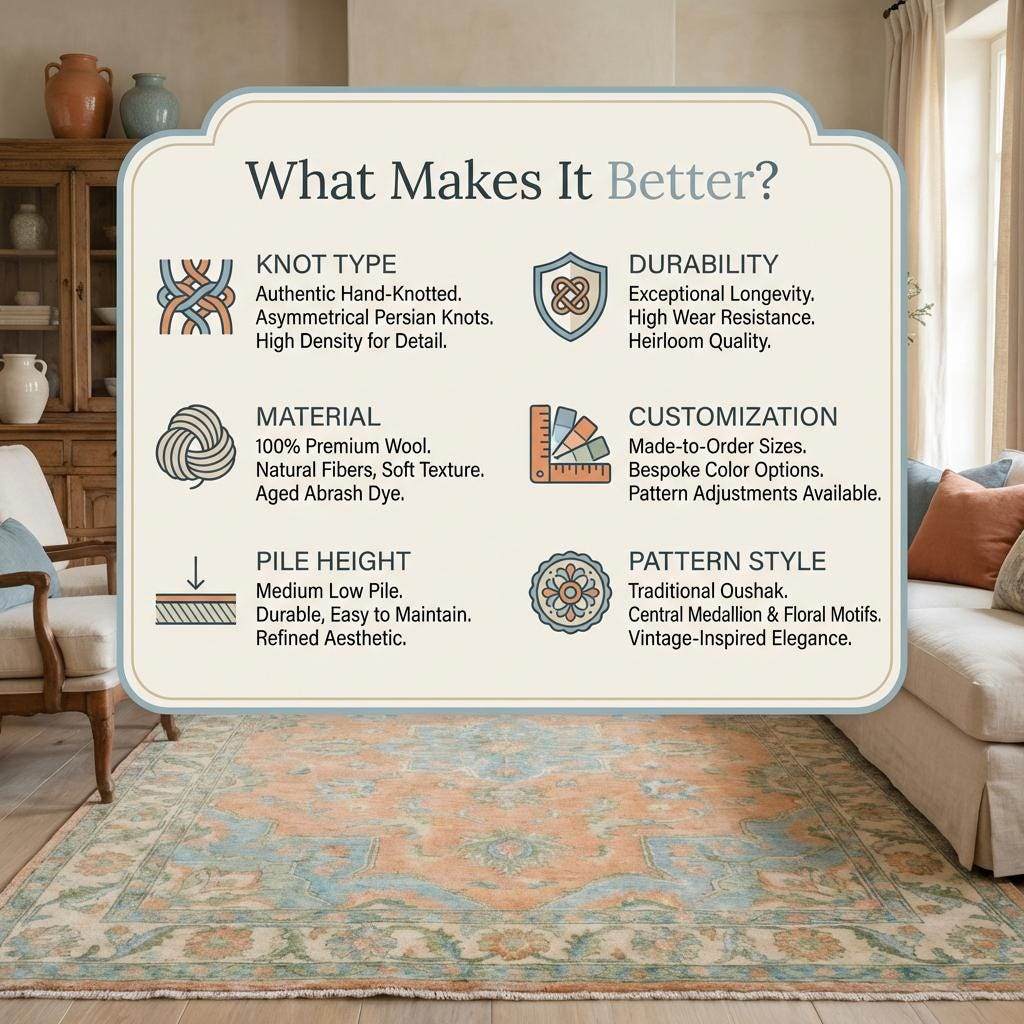 Soft Peach Oushak Area Rug with Blue Medallion Hand Knotted Wool