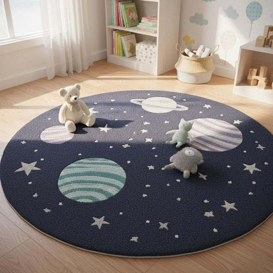 Space Theme Round Rug with astronaut and planets in navy blue nursery decor