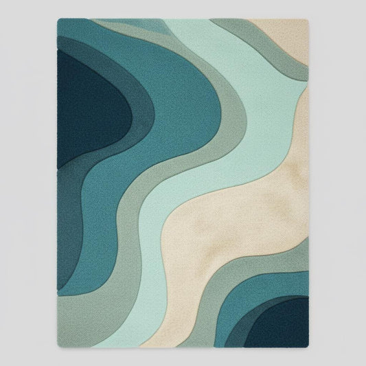 Teal wavy area rug with sculpted tuft design and abstract curves in blue cream tones