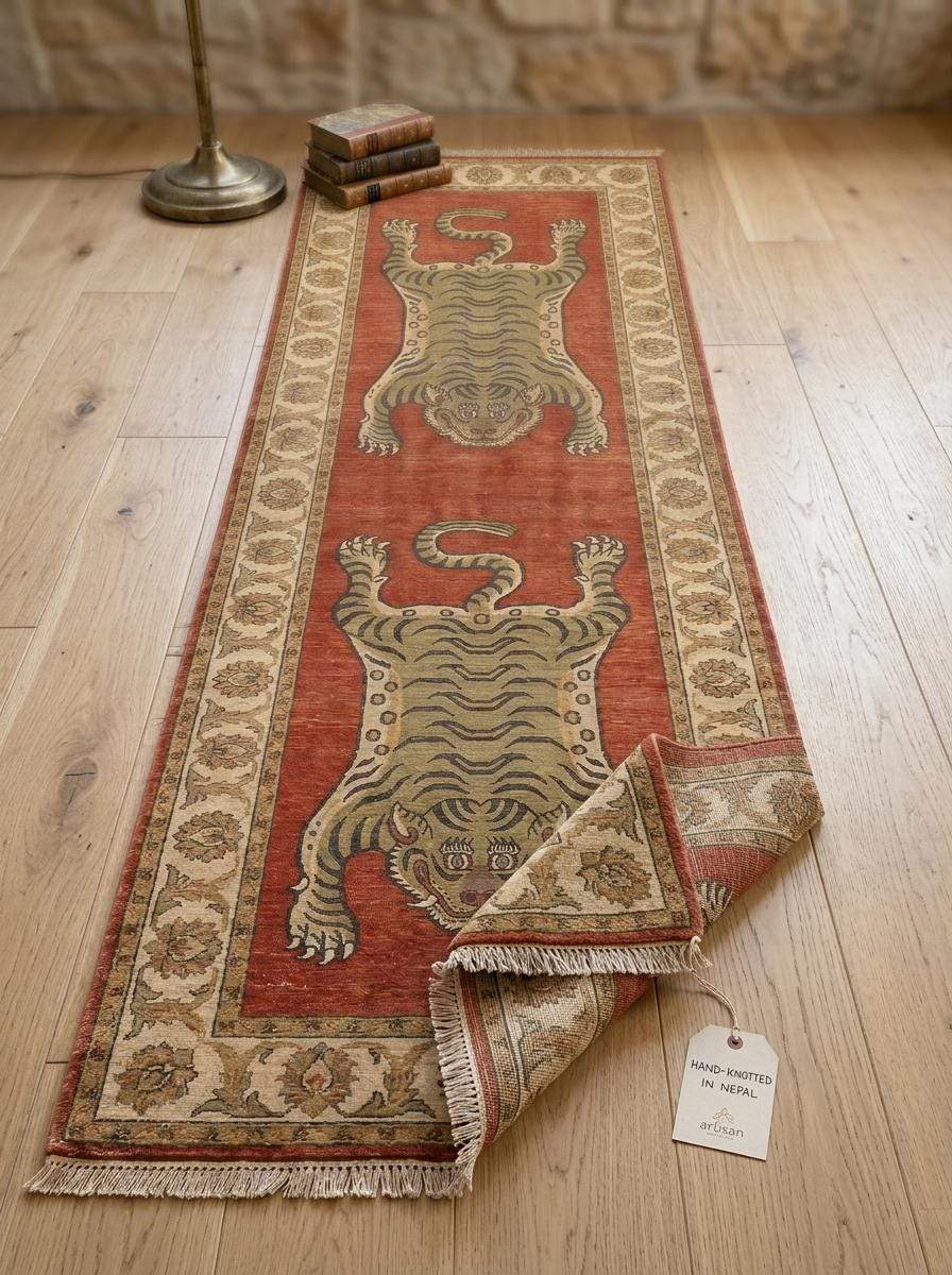 Tiger Runner Rug Hand Knotted Wool Carpet, Tibetan Inspired Hallway Rug, Statement Home Decor __etsy:8100396322