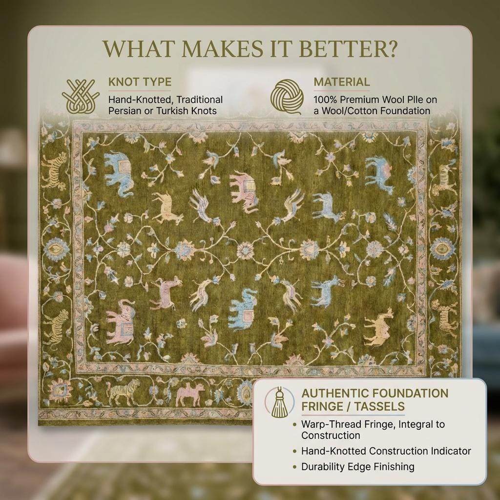 Tree of Life Hand Knotted Wool Area Rug with Animal Motifs