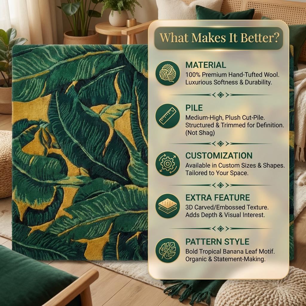Tropical Leaf Area Rug, Green and Mustard Botanical Statement Carpet