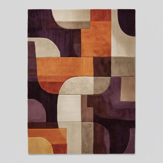 Retro area rug with colorful mid-century modern geometric pattern and soft plush texture