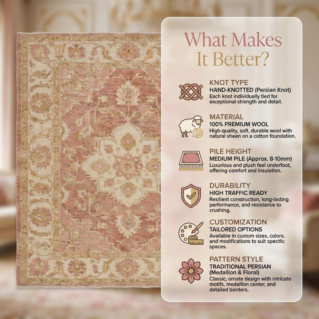 Vintage Oushak Hand Knotted Wool Rug in Soft Blush Pink