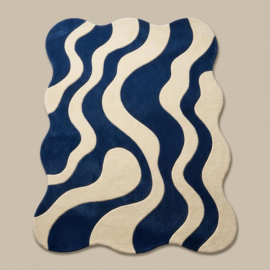 Blue cream wavy modern rug with abstract retro wave pattern and plush texture