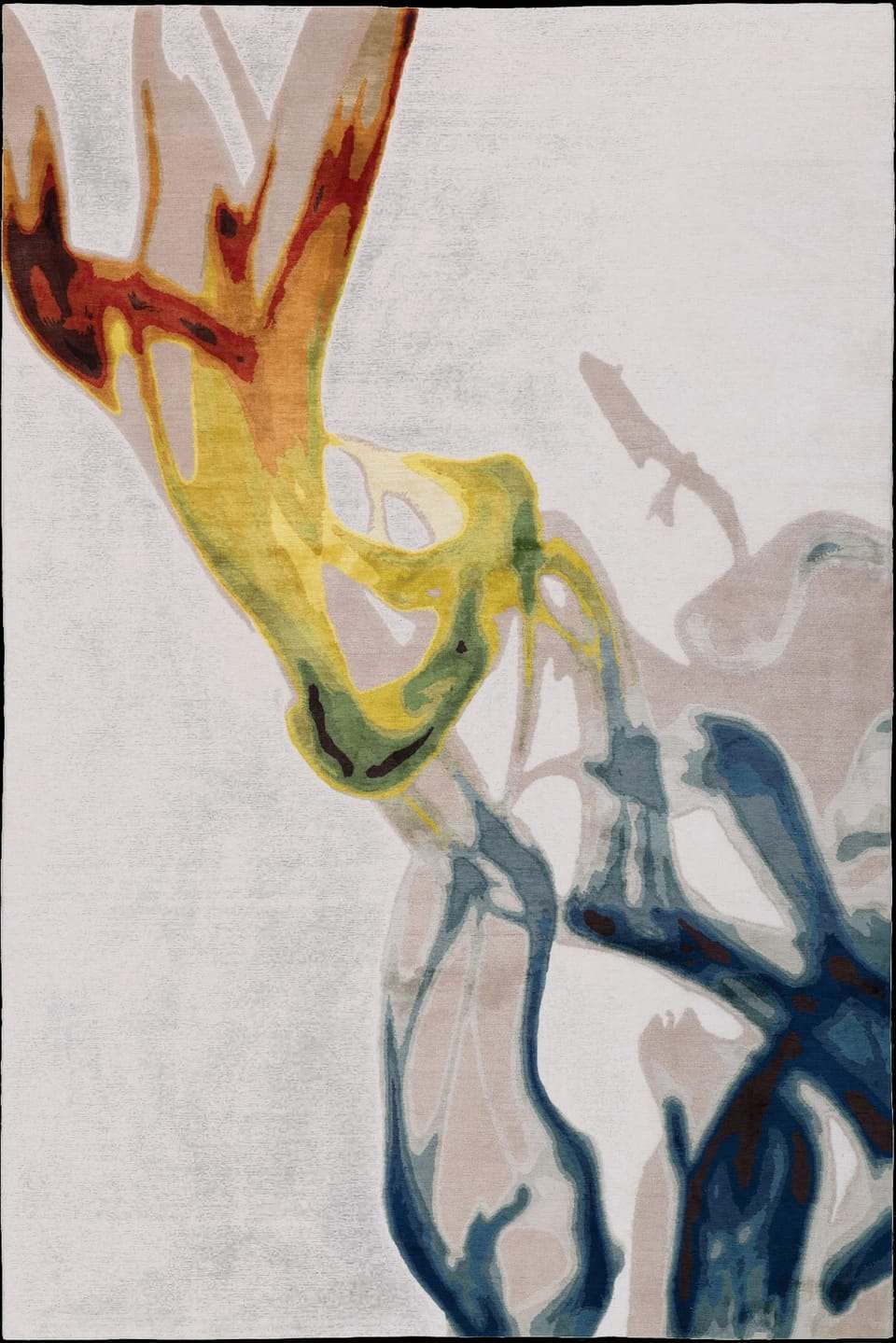 Abstract Fluid Art wool rug with flowing yellow, rust, teal and navy shapes on a pale ground