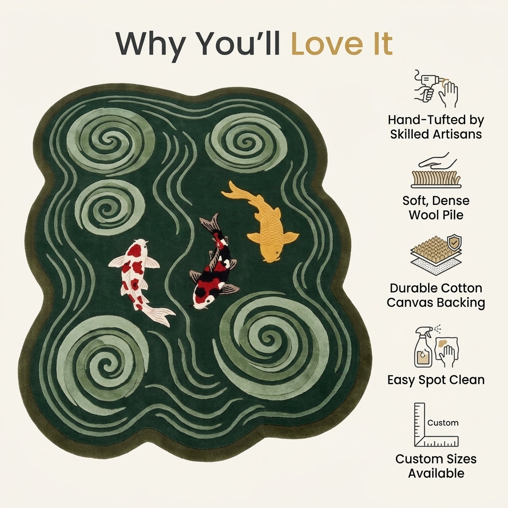 Dark Green Koi Fish Rug in hand-tufted wool with three carved koi in red, white, black and gold swimming among sage green swirling water spirals on a forest green cloud shape - view 6