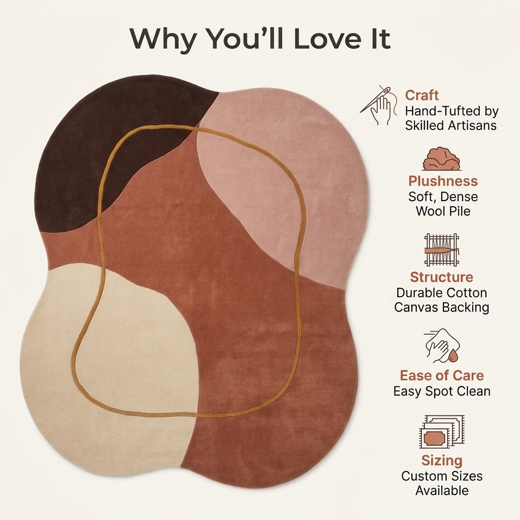 Terracotta Abstract Rug in hand-tufted wool with organic shapes of terracotta, blush, ivory and chocolate brown and a flowing mustard line, in an irregular shape - view 6