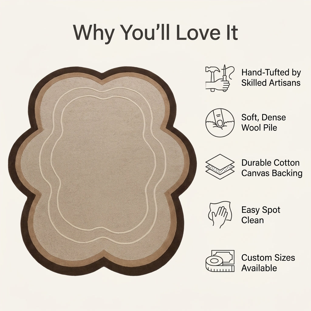 Beige Cloud Rug in hand-tufted wool with a scalloped flower shape, textured beige field, brown and taupe border and two raised ivory contour lines - view 6