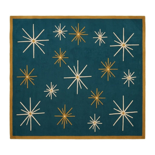 Atomic Starburst Rug in deep teal with ivory and mustard radiating starbursts and a mustard border