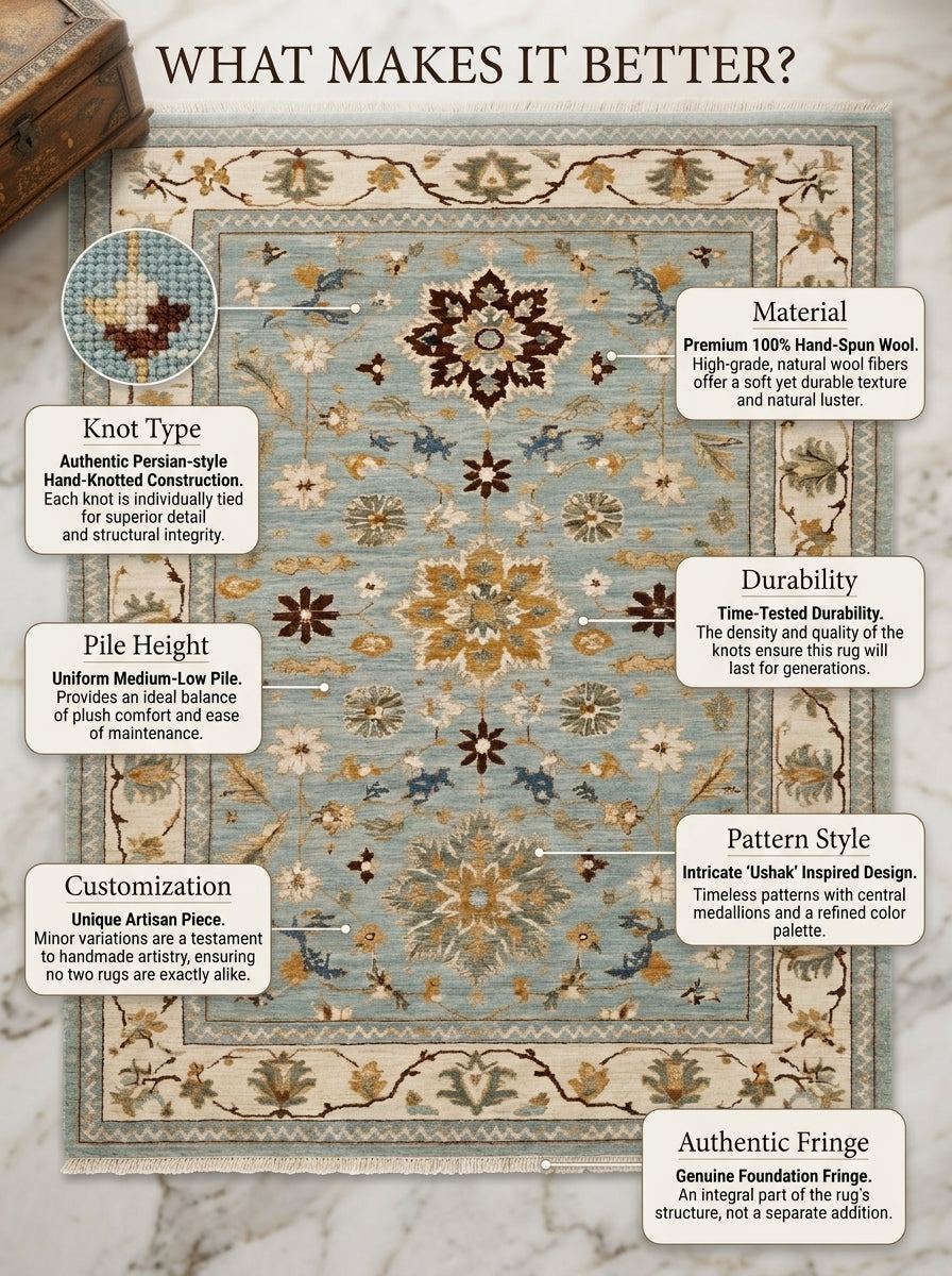 Blue Oushak Hand Knotted Wool Rug in muted blue and ivory, with floral palmette motifs, a wide border and fringe