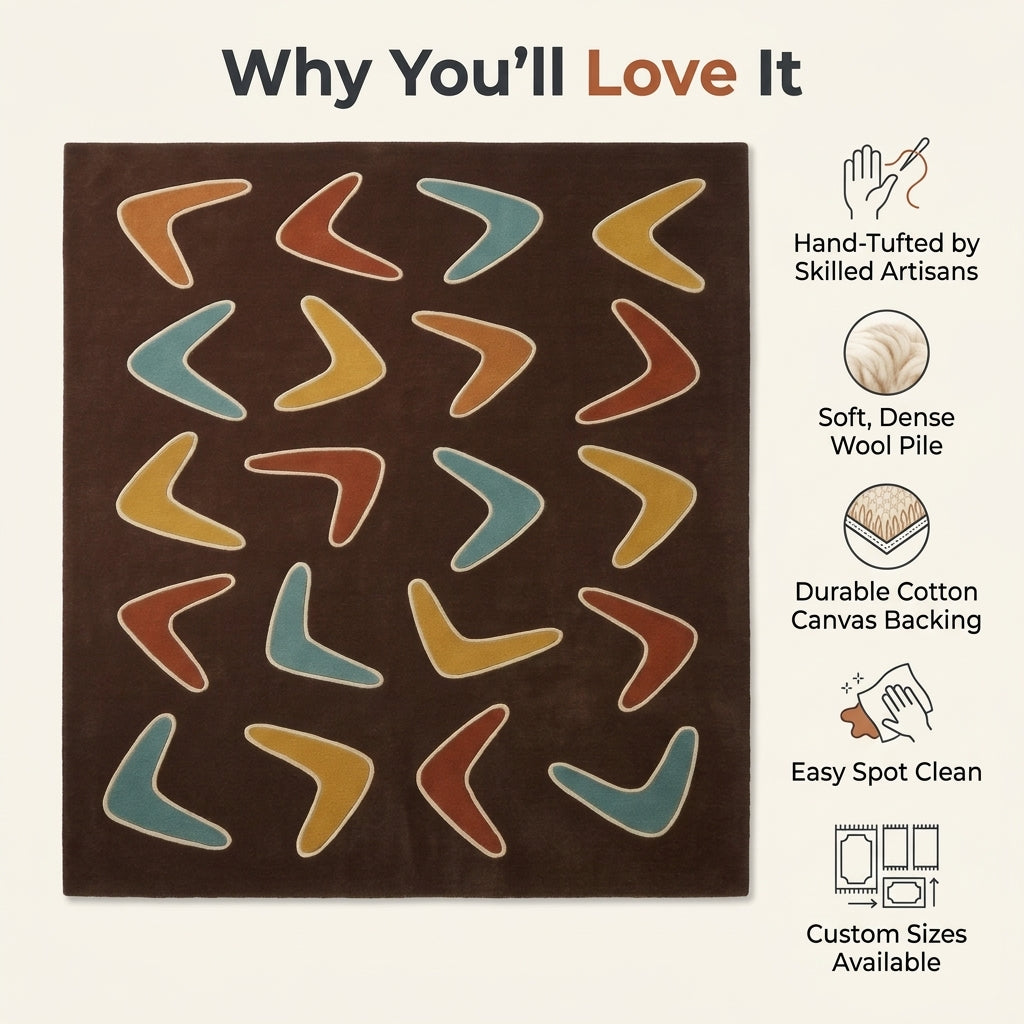 Boomerang Rug featuring colorful teal, mustard, rust and caramel shapes with cream outlines on a chocolate brown ground