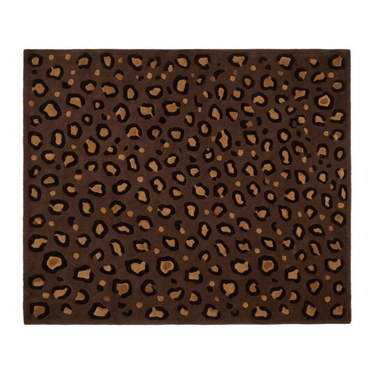Brown Leopard Rug with a chocolate brown wool surface, scattered black rosettes and warm tan centres in an animal print pattern