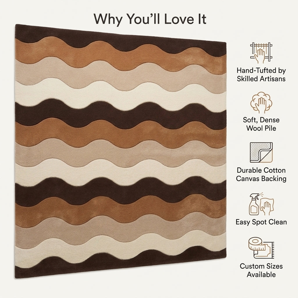 Brown Wavy Stripe Rug with repeating chocolate, caramel, beige and cream bands and a dark brown border