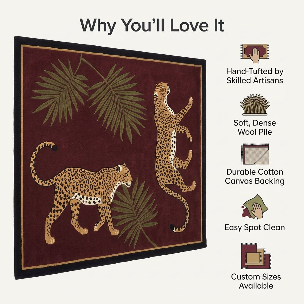 Burgundy Leopard Rug with a deep wine-red ground, tan spotted leopards, olive palm fronds and gold-trimmed black border