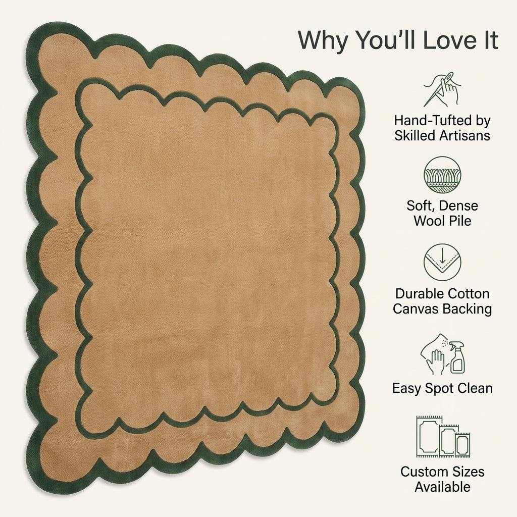 Camel & Forest Green Scalloped Hand-Tufted Wool Rug with a camel wool field, forest green borders, and a scalloped edge.