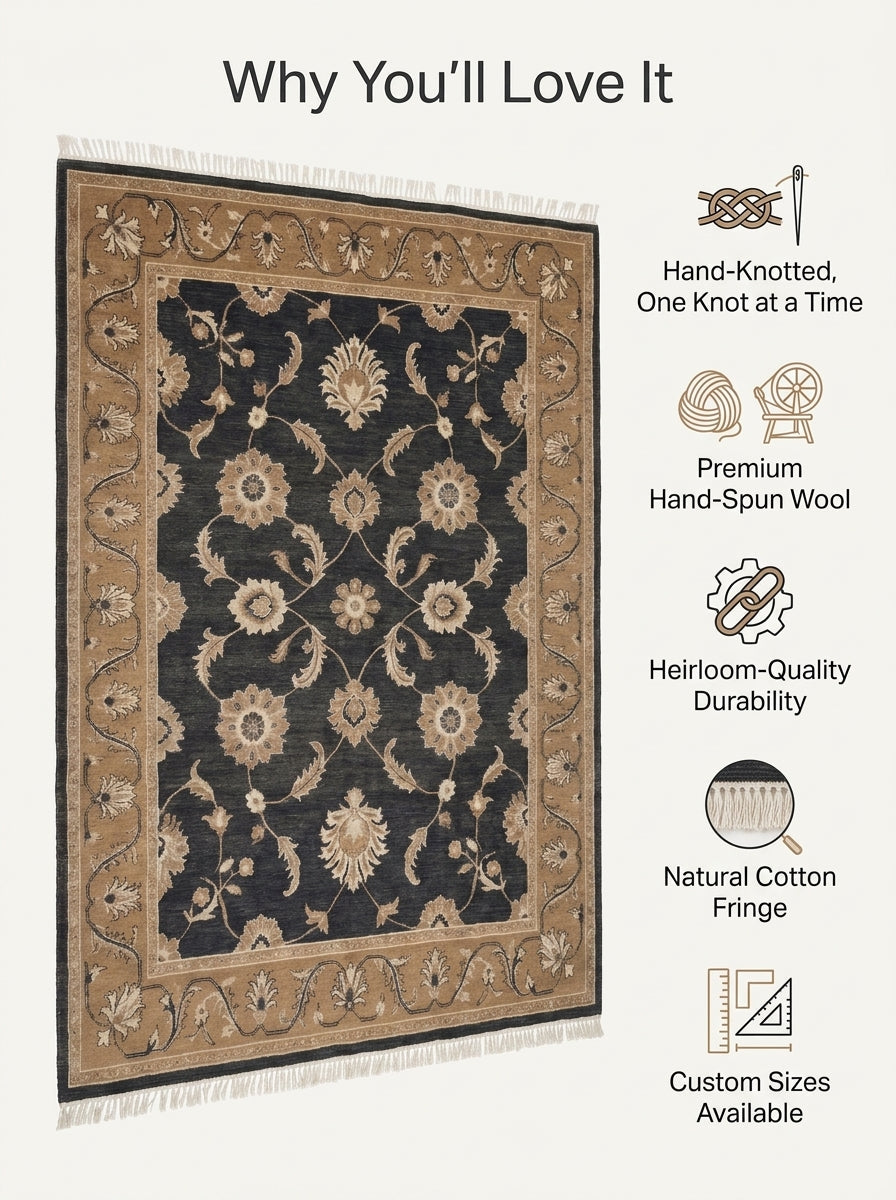 Charcoal Oushak Rug in hand-knotted wool, with ivory and camel floral motifs, a wide camel border and cotton fringe