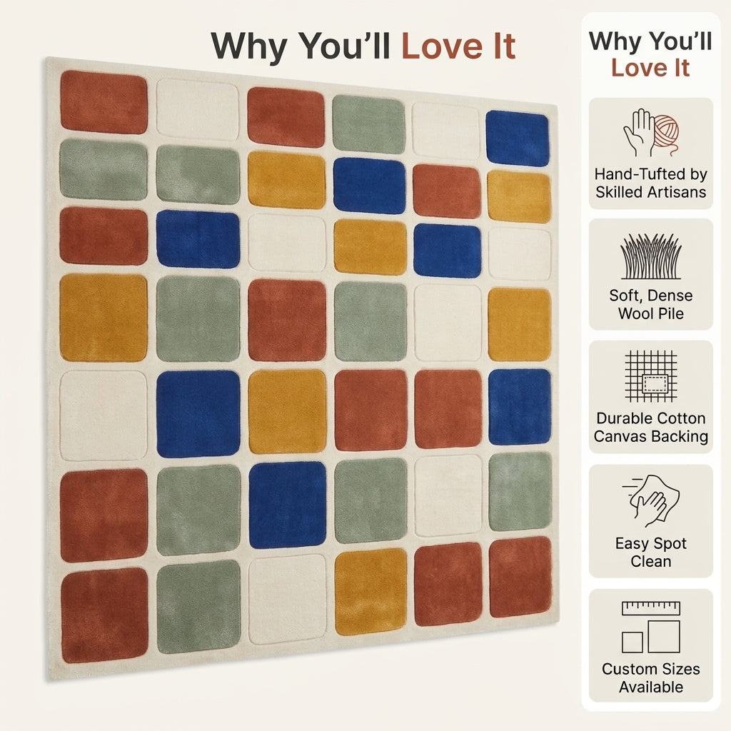 Checkered Rug with a cream ground and soft-edged squares in rust, blue, mustard, sage and cream, with raised outlines