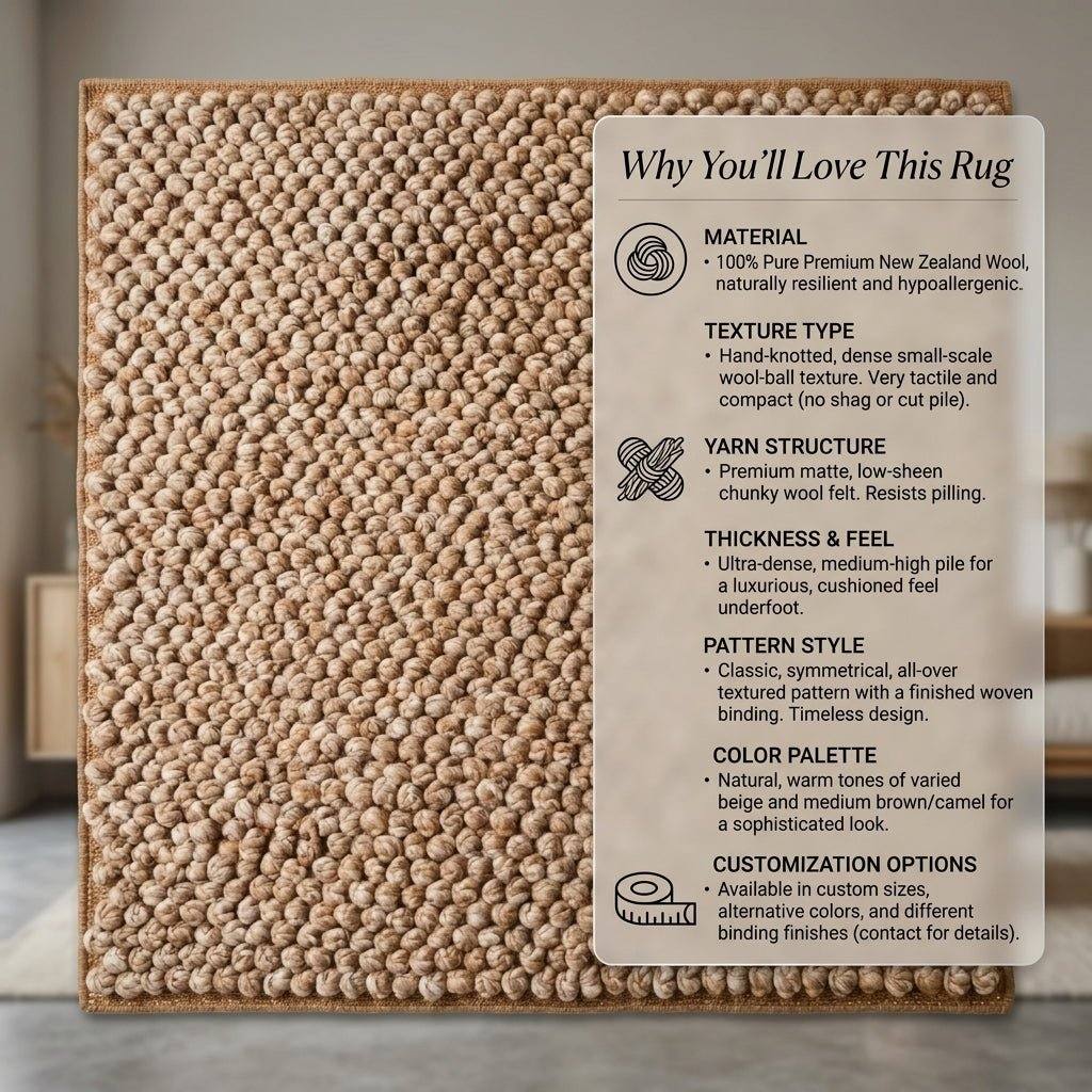 Chunky Wool Rug, Handwoven Pebble Texture Area Rug, Camel Beige Heathered Carpet, Modern Organic Minimalist Decor, Thick Cozy Living Room Floor Rug