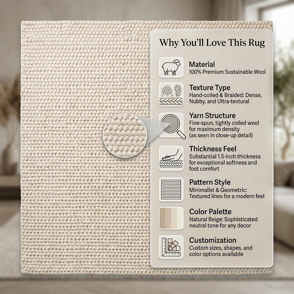 Chunky Wool Rug in natural beige wool, with dense hand-braided loops and a thick, ribbed geometric texture.