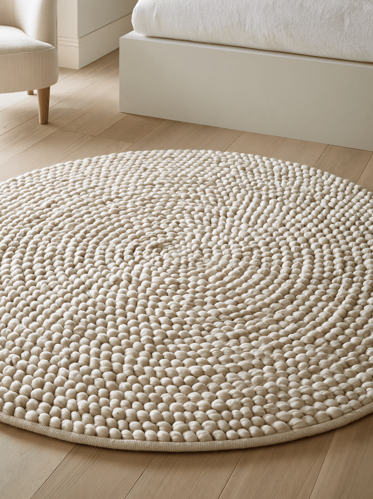 Chunky Wool Rug in cream ivory with a round shape, thick chunky woven texture and concentric spiral pebble pattern